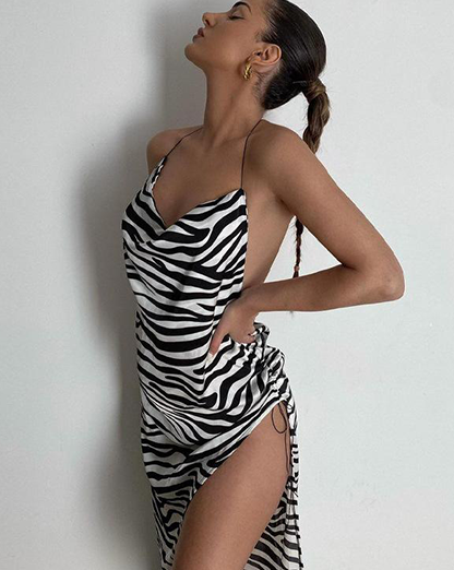 Black & White Zebra Satin Thigh Slit Asymmetrical Maxi Dress