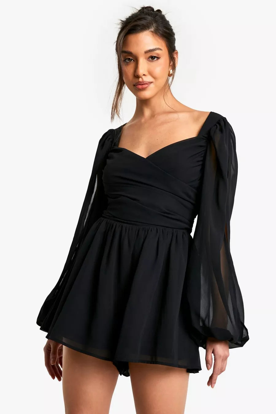 Black Slit Lantern Sleeve Skater Playsuit