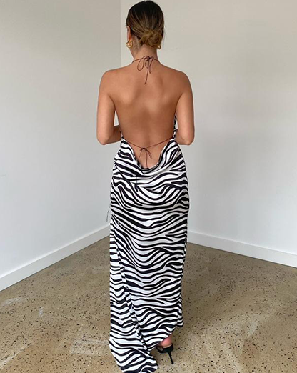 Black & White Zebra Satin Thigh Slit Asymmetrical Maxi Dress