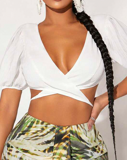 White Wrap Front Crop Blouse