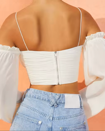 Cream Lantern Chiffon Lantern Sleeve Off The Shoulder Crop Top