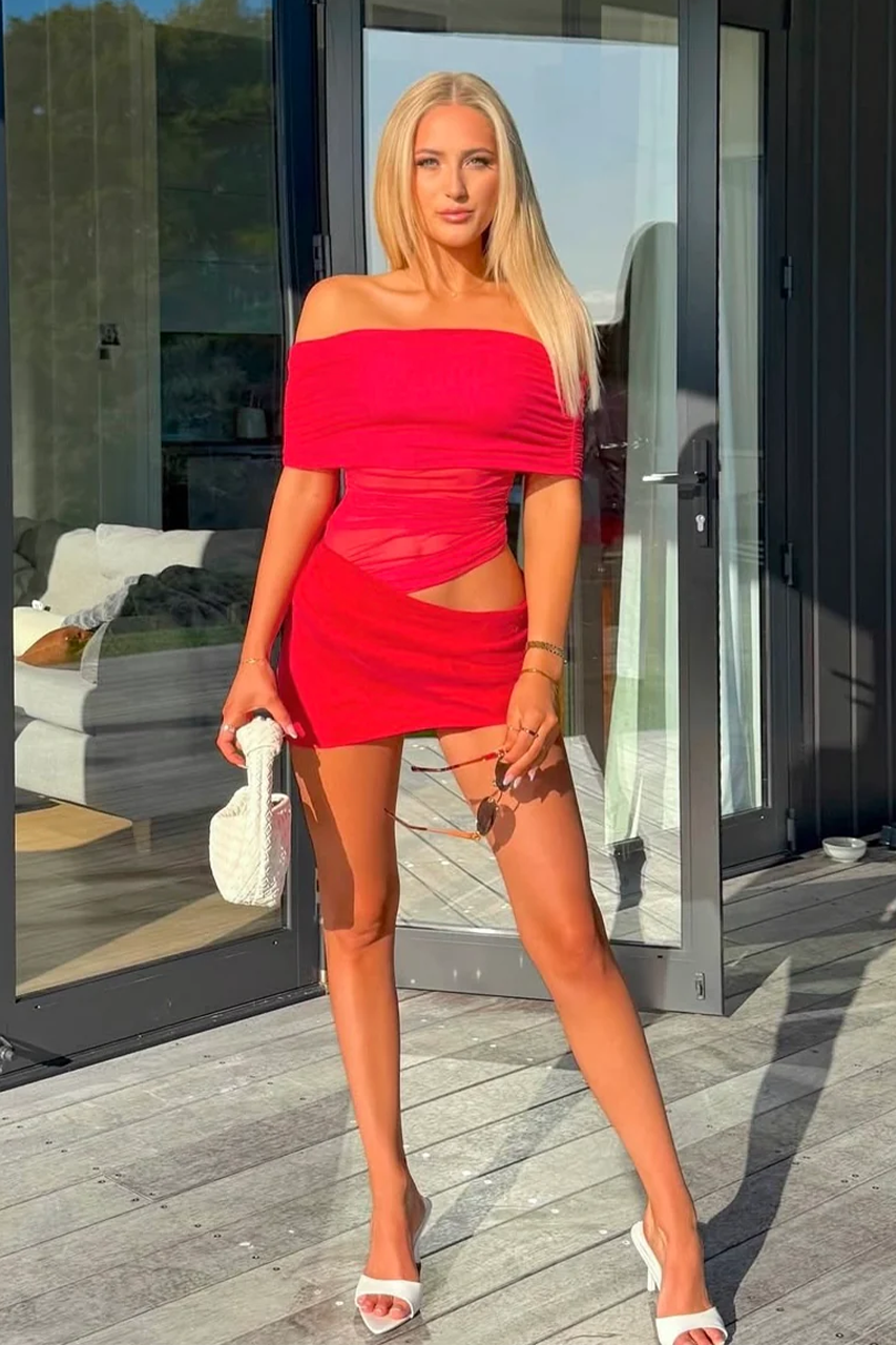 Fuchsia Pink Mesh Draped Cut Out Waist Off Shoulder Mini Dress