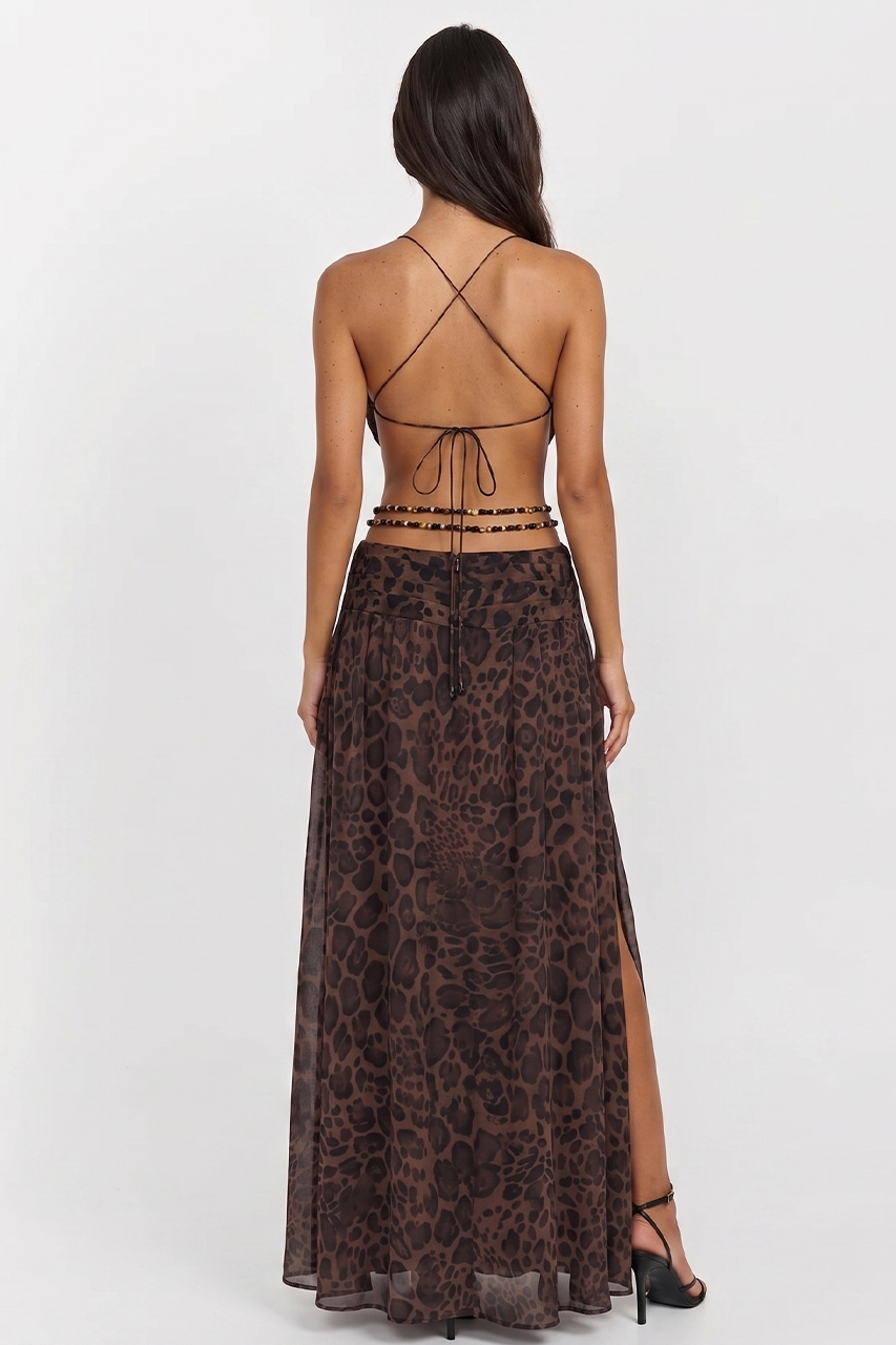 Brown Leopard Print Slit Maxi Dress