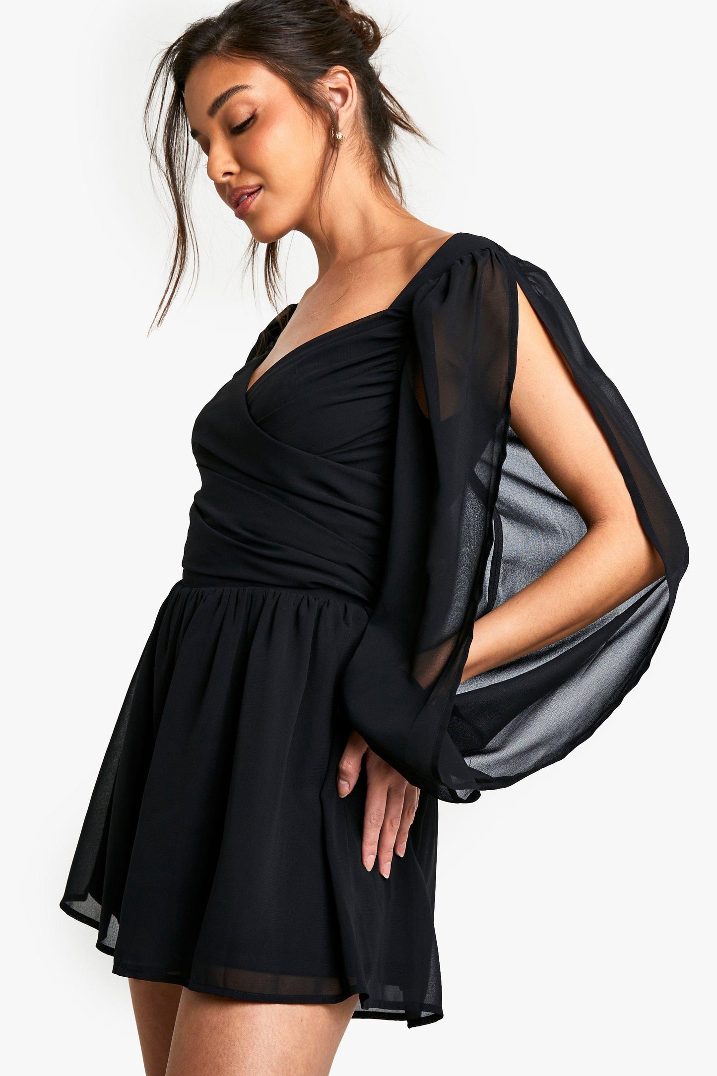 Black Slit Lantern Sleeve Skater Playsuit