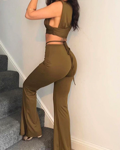 Olive Green Plunge Crop Top & Flared Trousers Coord