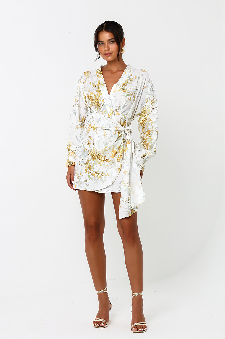 White & Yellow Floral Linen Robe Mini Dress