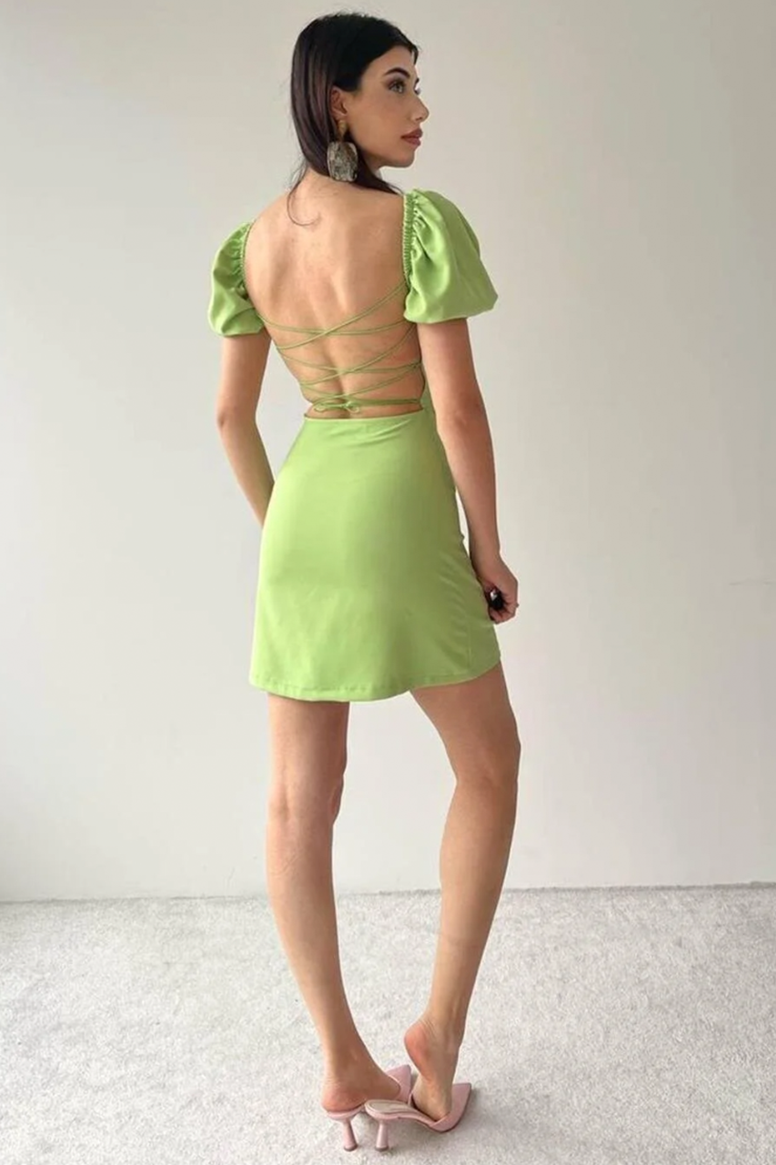 Green Linen Puff Sleeve Mini Dress