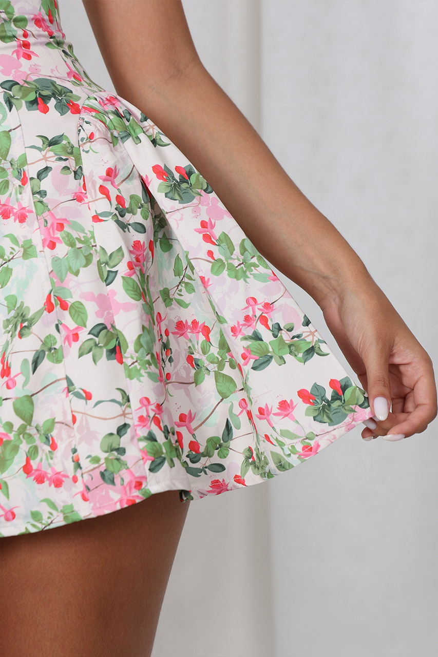 Floral Green & Pink Puff Skater Mini Dress