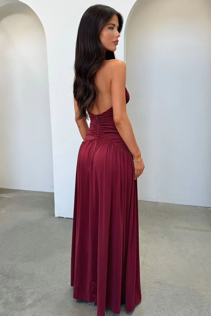 Burgundy Ruched Side Slit Maxi Dress