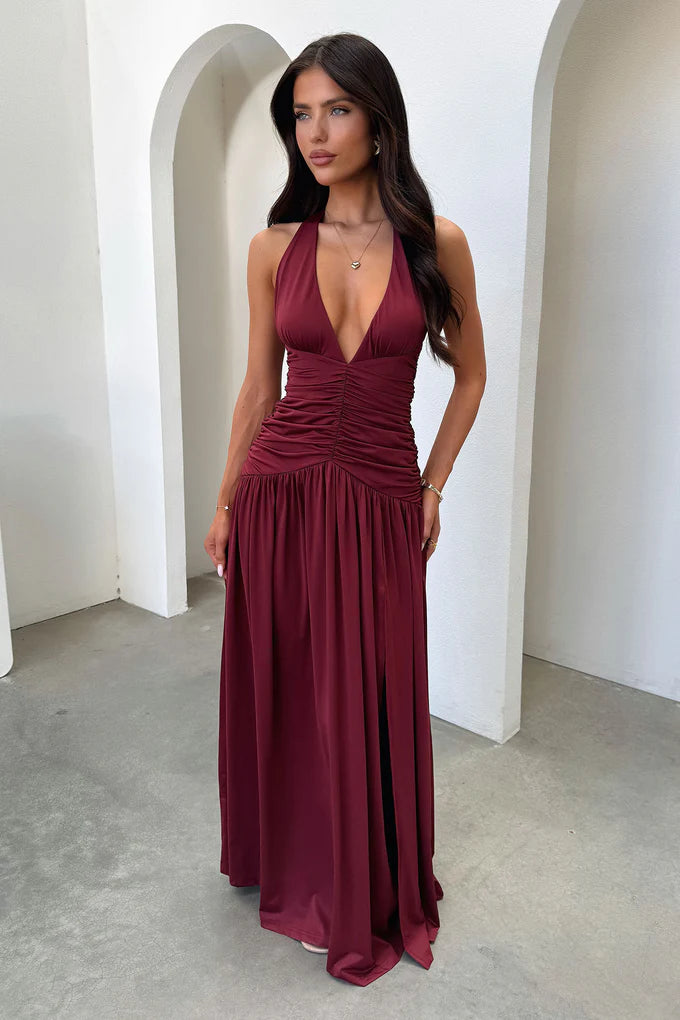 Burgundy Ruched Side Slit Maxi Dress
