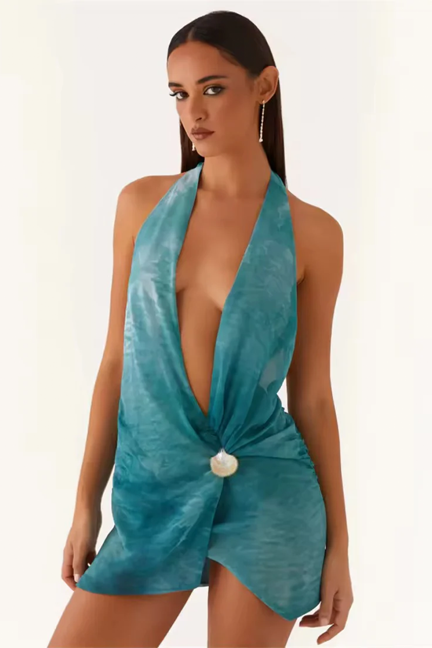 Tie Dye Chiffon Plunge Mini Dress