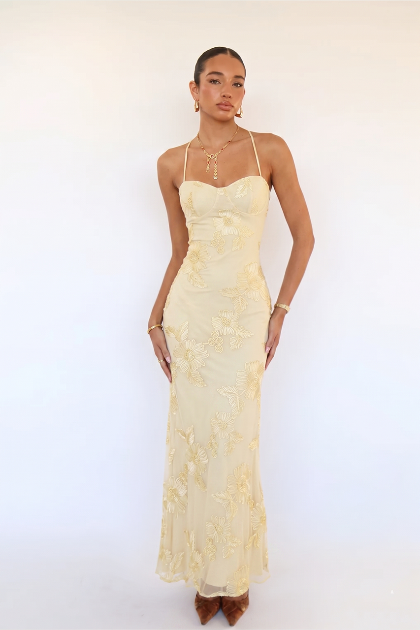 Butter Yellow Floral Embellished Maxi Dress