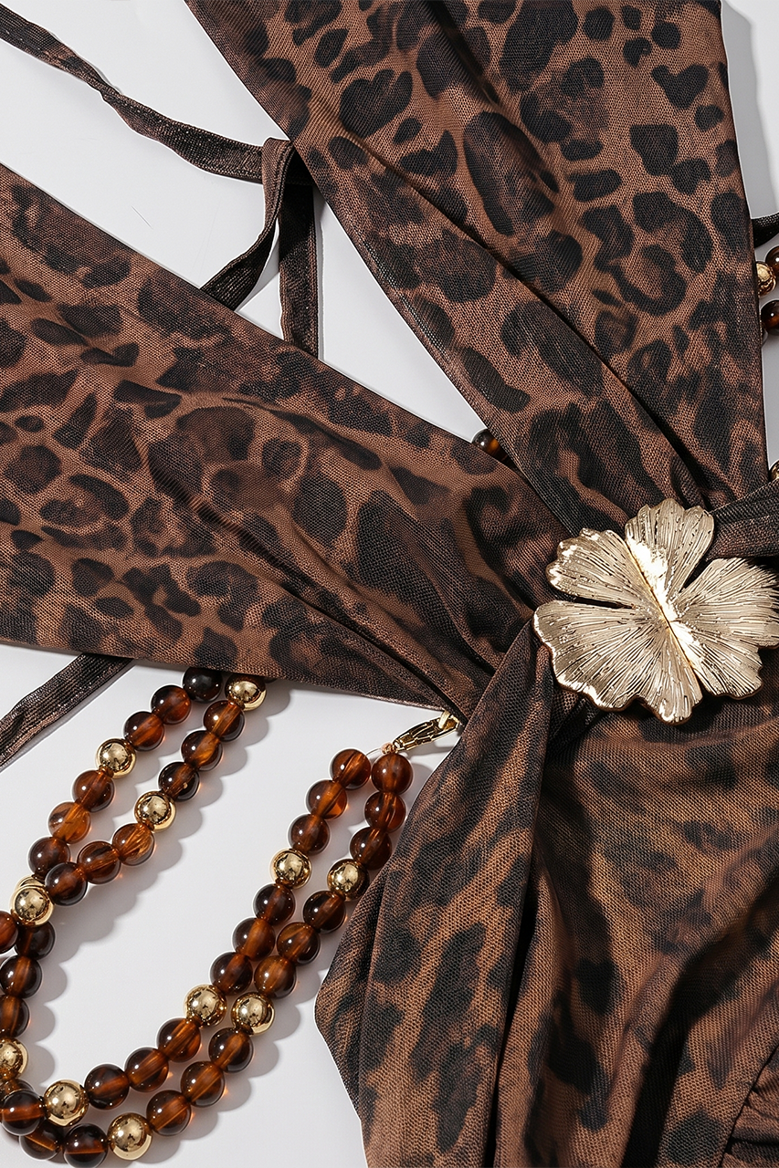 Brown Leopard Print Slit Maxi Dress