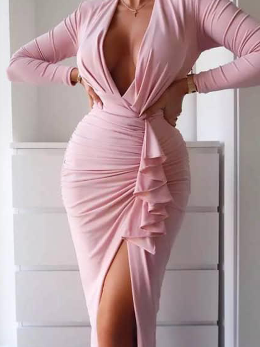 Pink Plunge Ruffle Long Sleeve Midi Dress