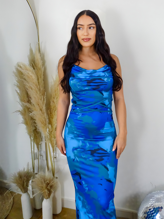 Navy Blue Floral Bodycon Fish Tail Maxi Dress