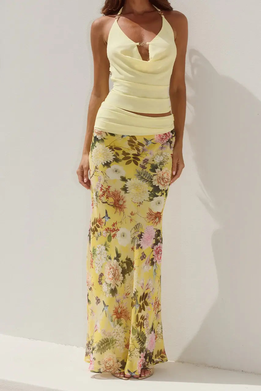 RUNAWAY THE LABEL HELENA COWL TOP & LOW WAIST MAXI SKIRT COORD - MANGO