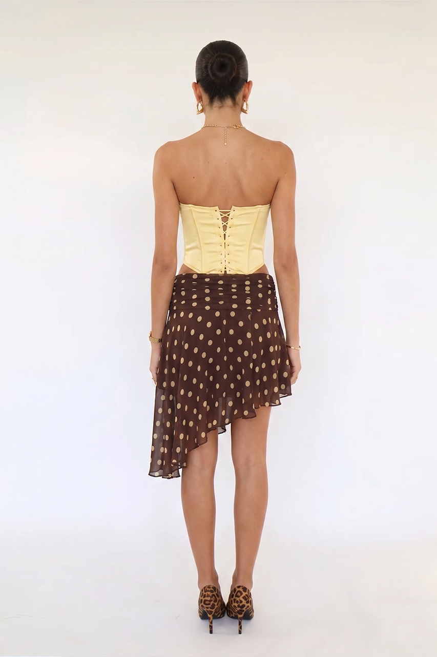 Brown Ruffle Yellow Polka Asymetric Midi Skirt