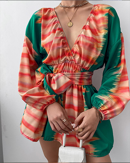 Green & Orange Color Block Tied Detail Lantern Sleeve Skater Mini Dress
