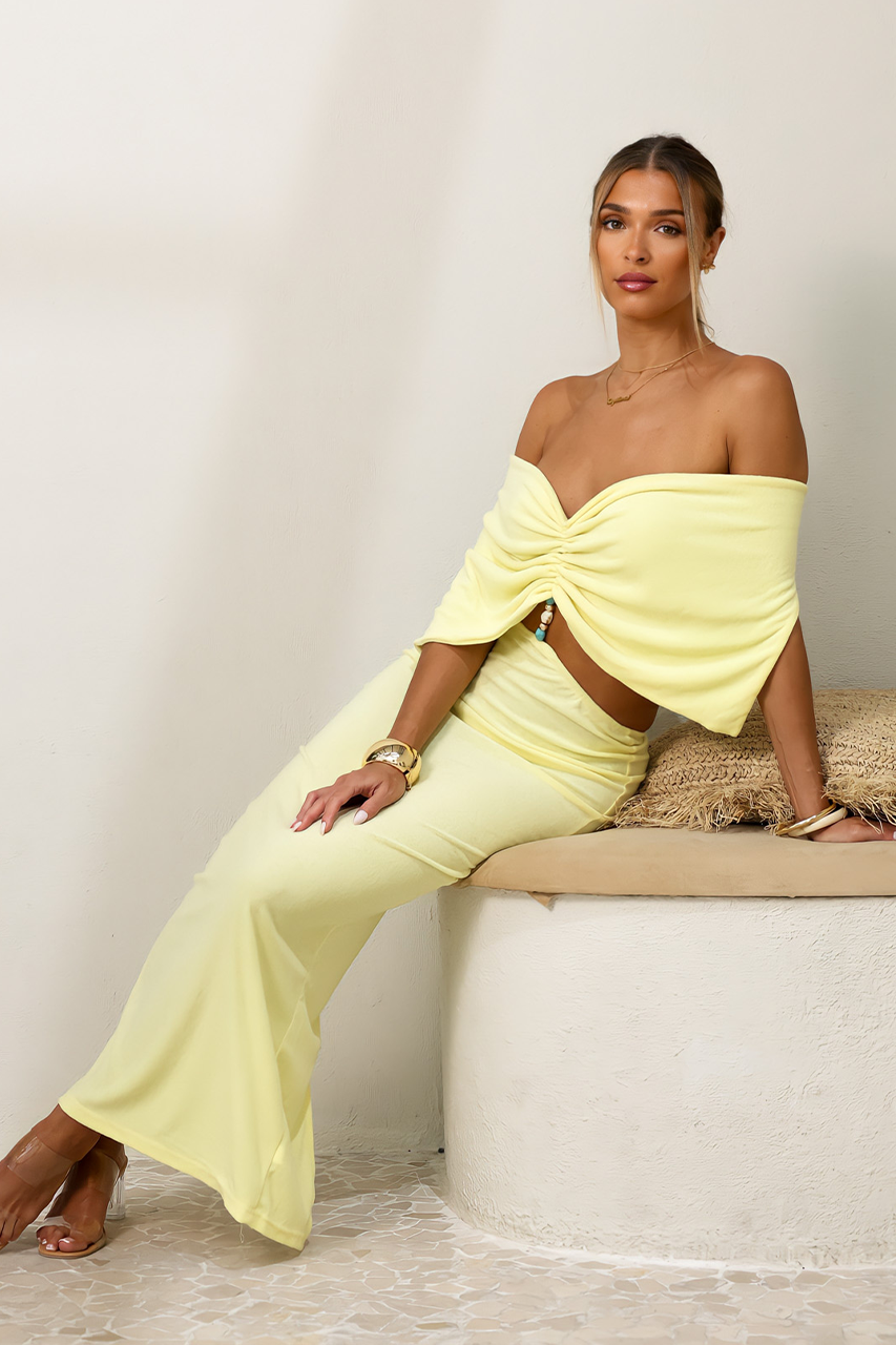 Lemon Yellow Knit Cutout Drape Shoulders Maxi Dress