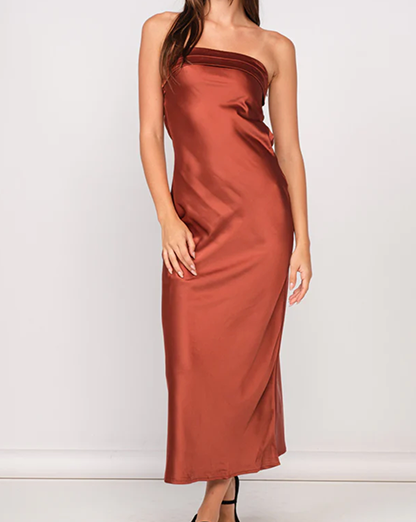Rust Brown Bandeau Satine Backless Tube Maxi Dress Rust Brown Bandeau Satine Backless Tube Maxi Dress