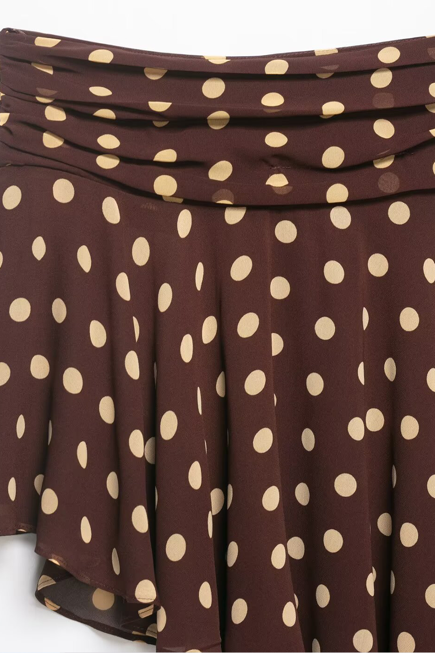 Brown Ruffle Yellow Polka Asymetric Midi Skirt