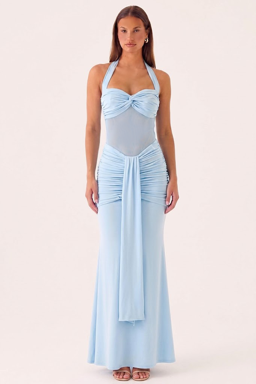Sky Blue Ruched Mesh Maxi Dress