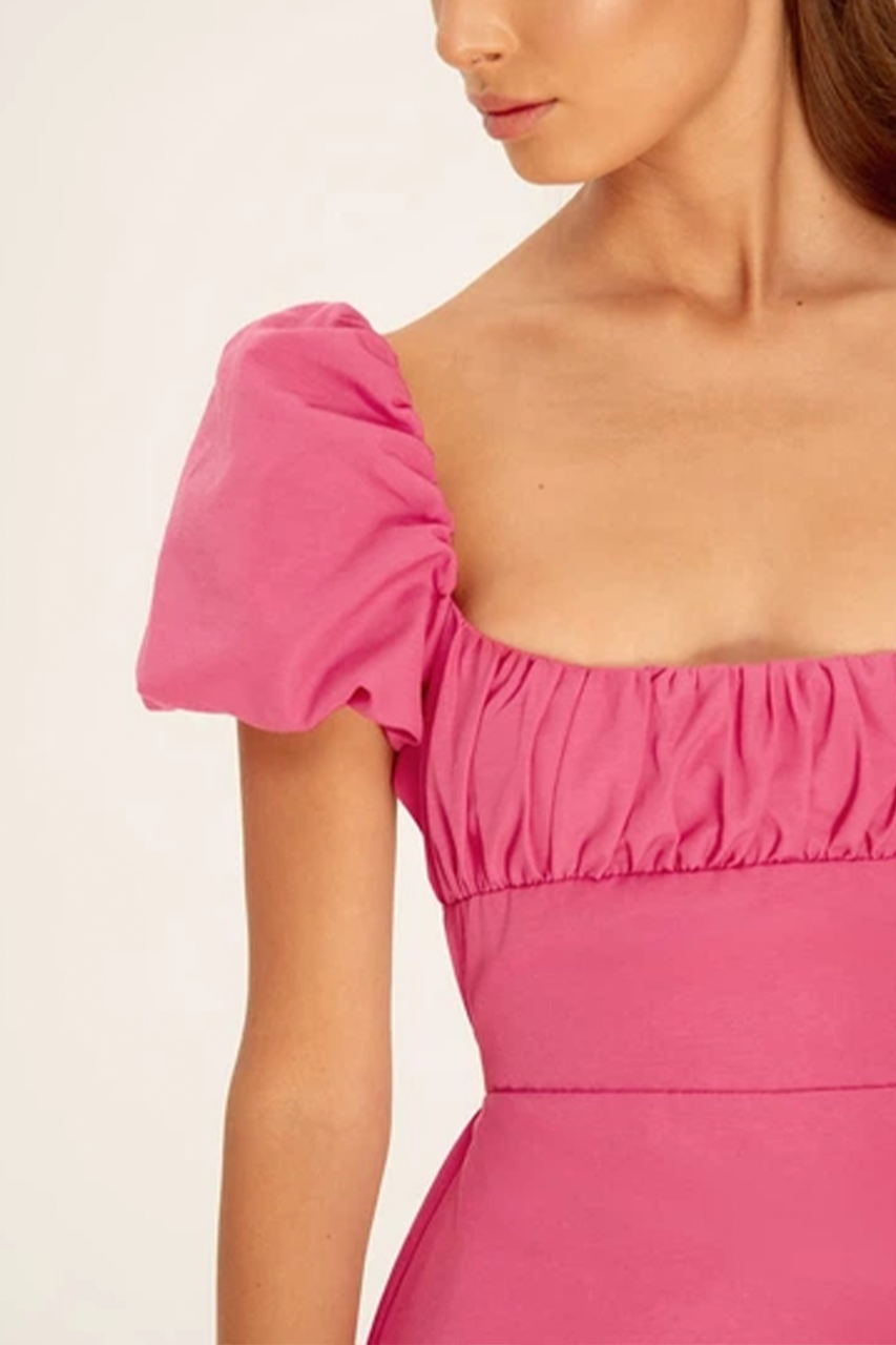 Pink Linen Puff Sleeve Mini Dress