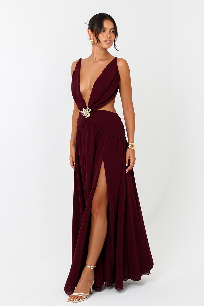 Plum Chiffon Slit Cut Out Maxi Dress