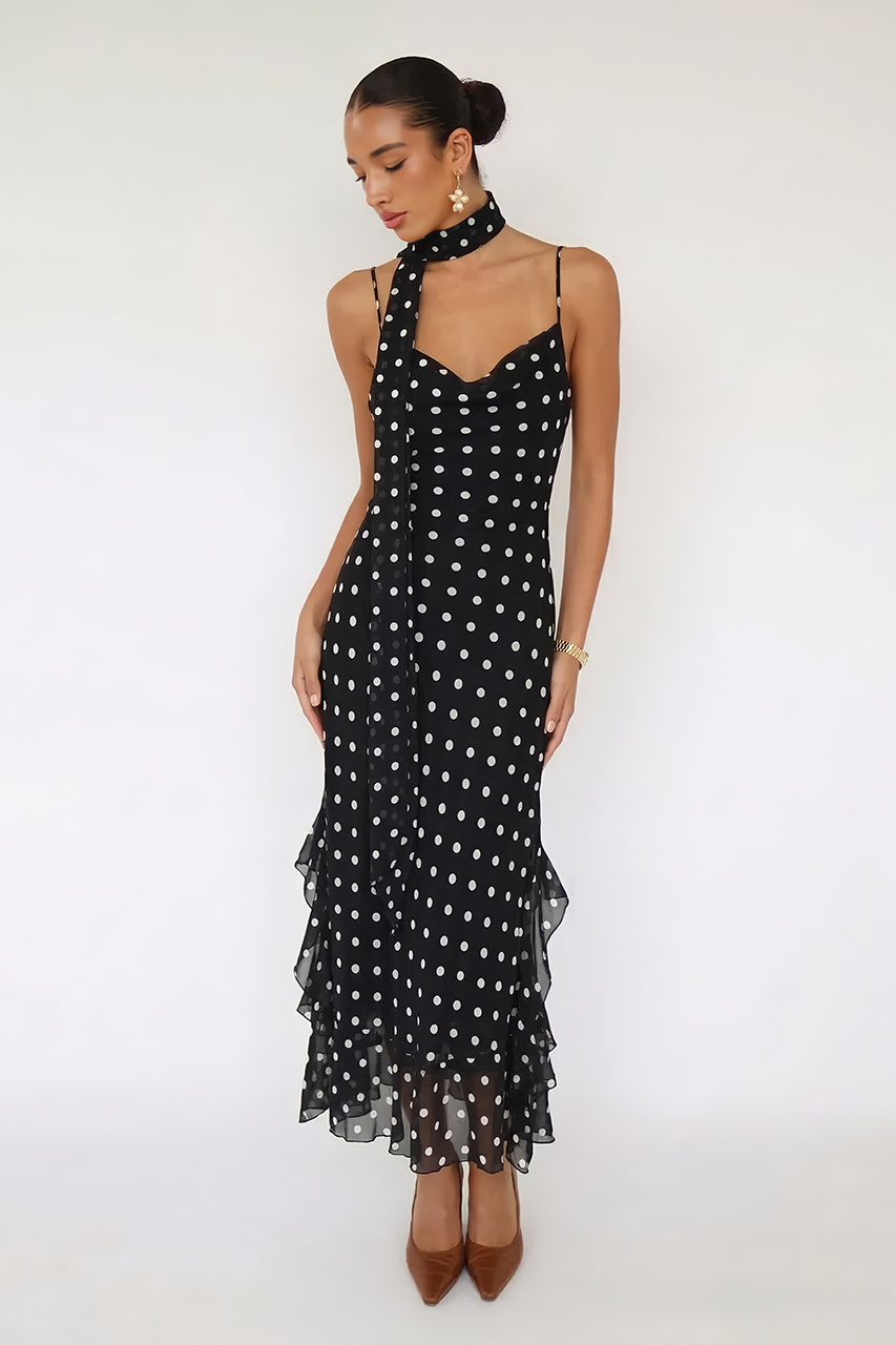 Black Polka Dot Chiffon Maxi Dress