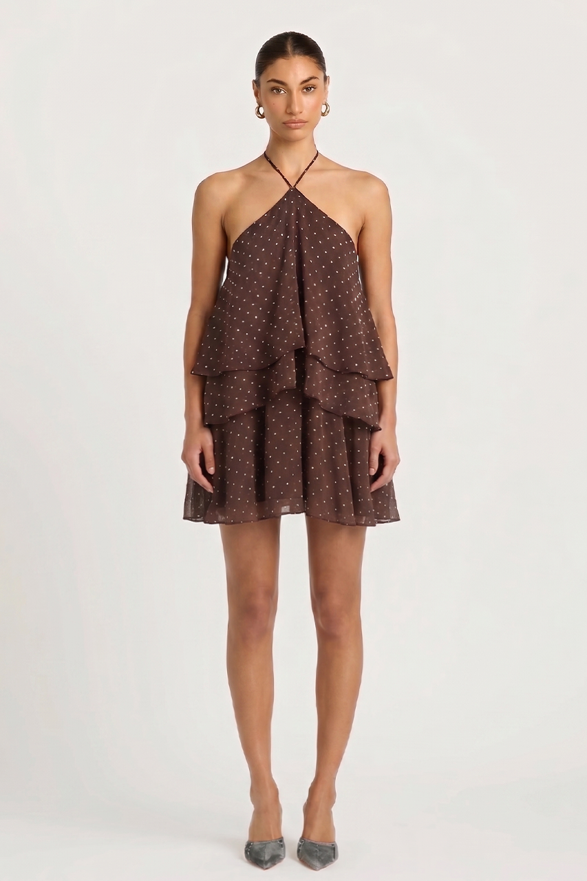 Brown Polka Dot Ruffle Cami Mini Dress