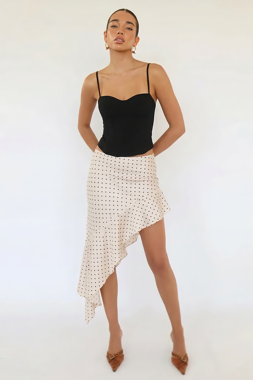 Cream Polka Dot Satin Asymetrical Midi Skirt