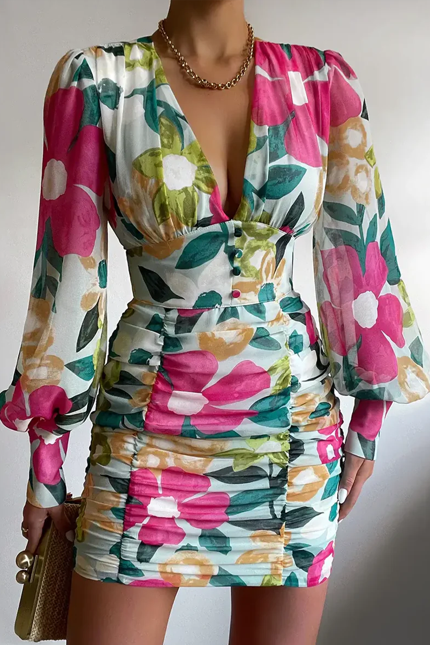 Pink Floral Chiffon Lantern Sleeve Mini Dress