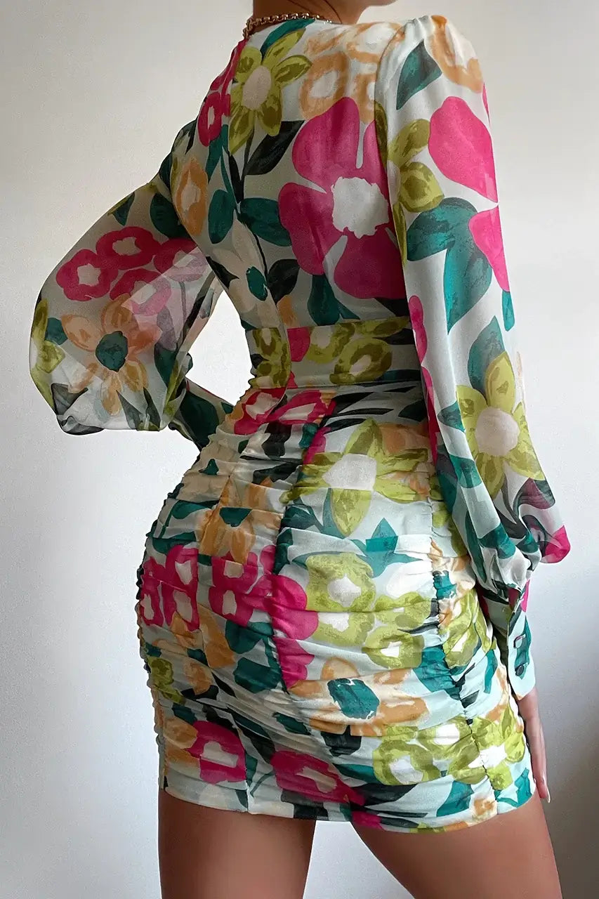 Pink Floral Chiffon Lantern Sleeve Mini Dress