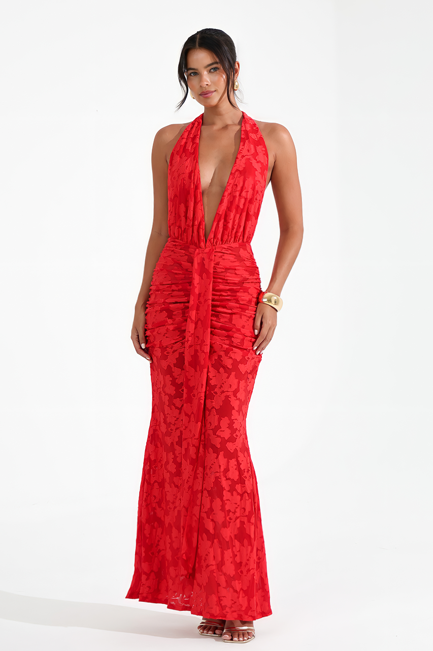 Red Plunge Ruched Maxi Dress