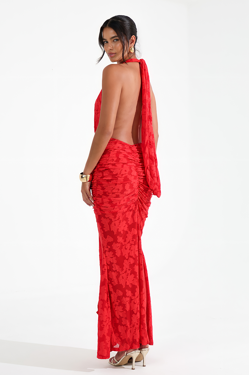 Red Plunge Ruched Maxi Dress