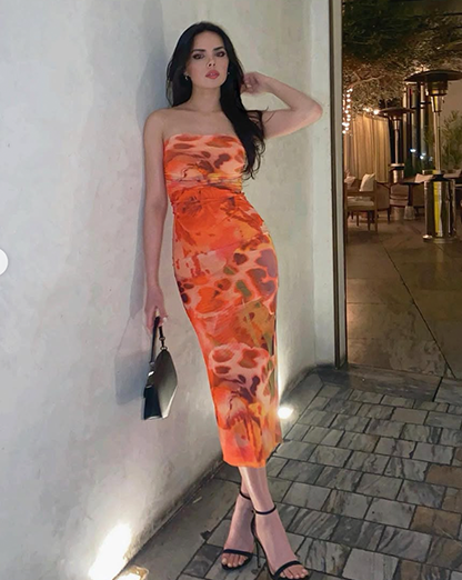 Coral Red Abstract Bandeau Bodycon Midi Dress
