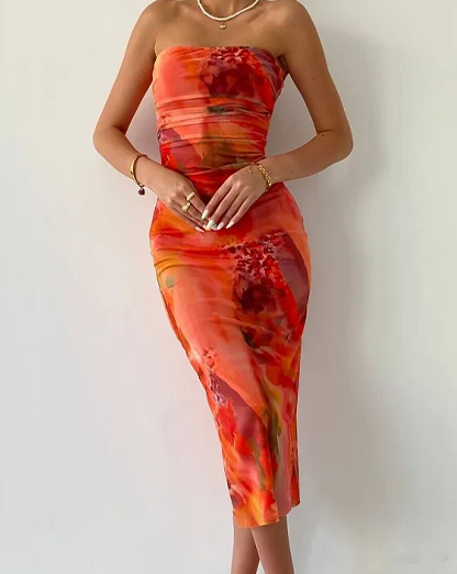 Coral Red Abstract Bandeau Bodycon Midi Dress