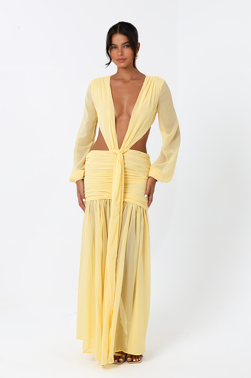 Yellow Chiffon Long Sleeve Cut Out Maxi Dress