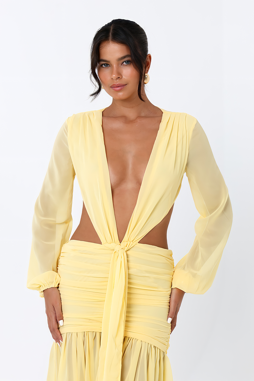 Yellow Chiffon Long Sleeve Cut Out Maxi Dress