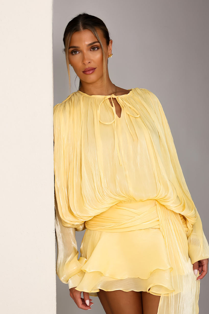 Yellow Chiffon Lantern Sleeve Dress & Shorts Coord