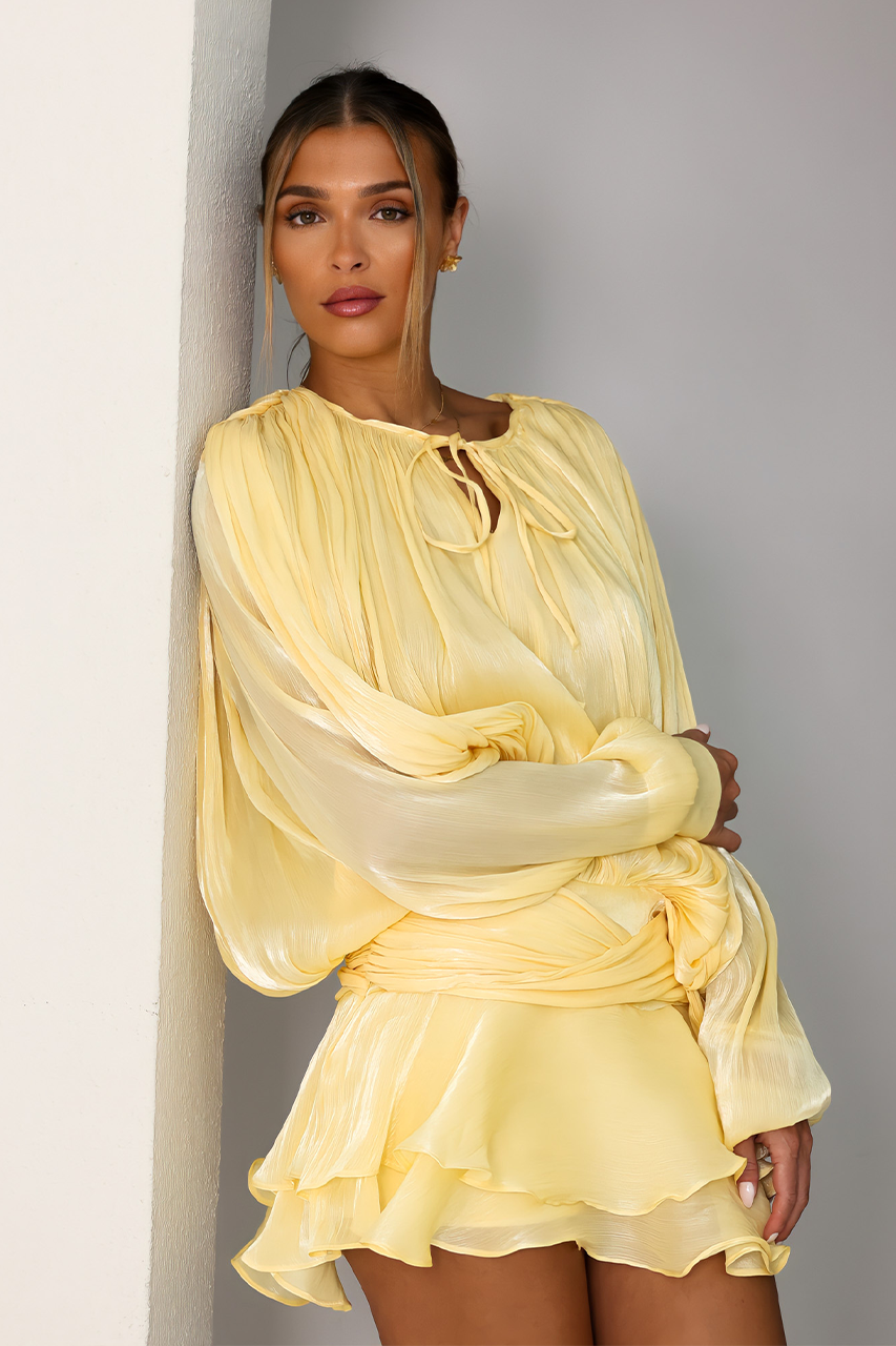 Yellow Chiffon Lantern Sleeve Dress & Shorts Coord