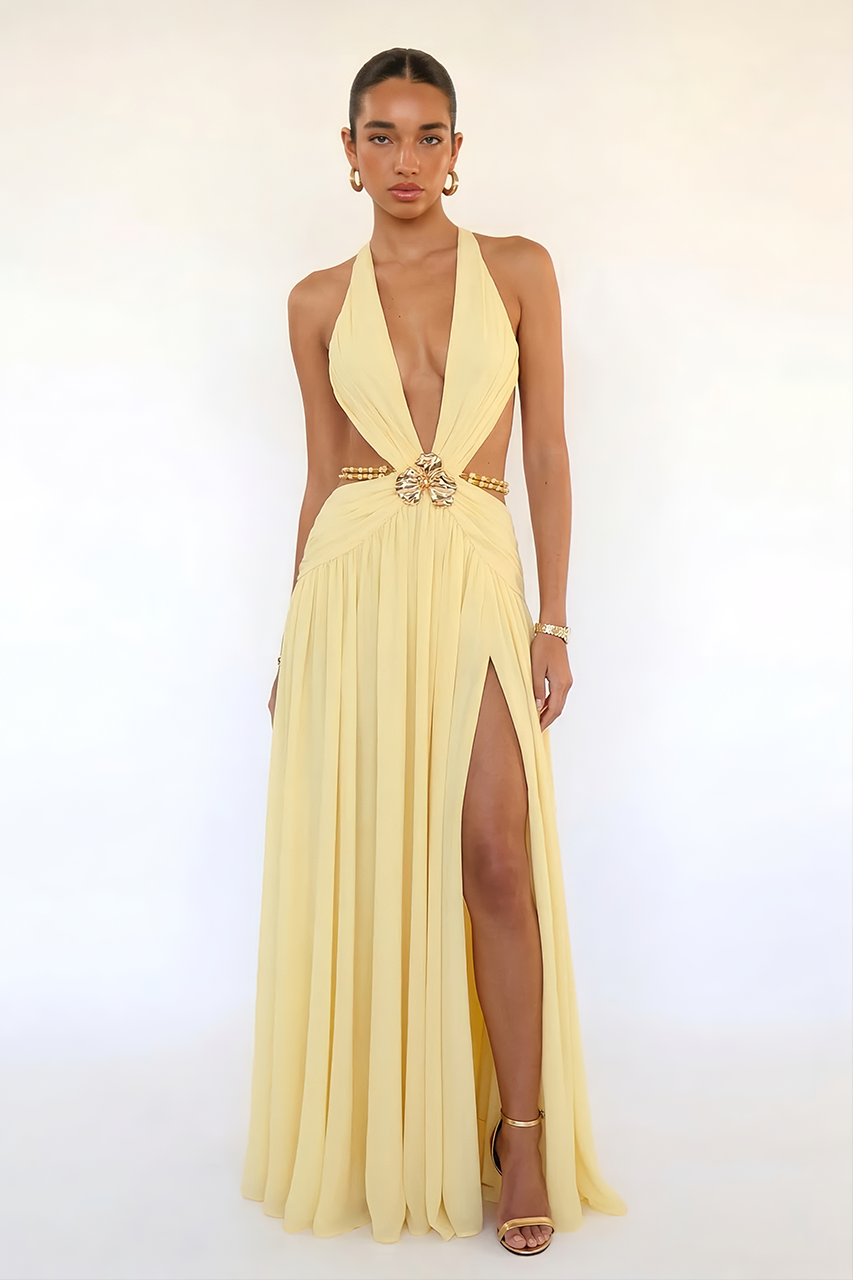 Yellow Plunge Slit Maxi Dress