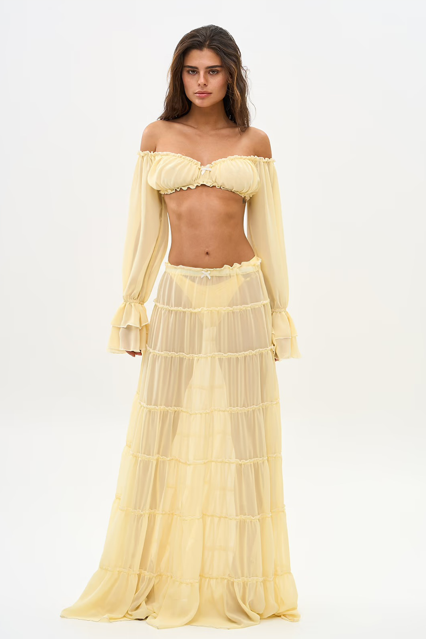 Butter Yellow Sheer Chiffon Long Sleeve Bralette & Maxi Skirt Coord