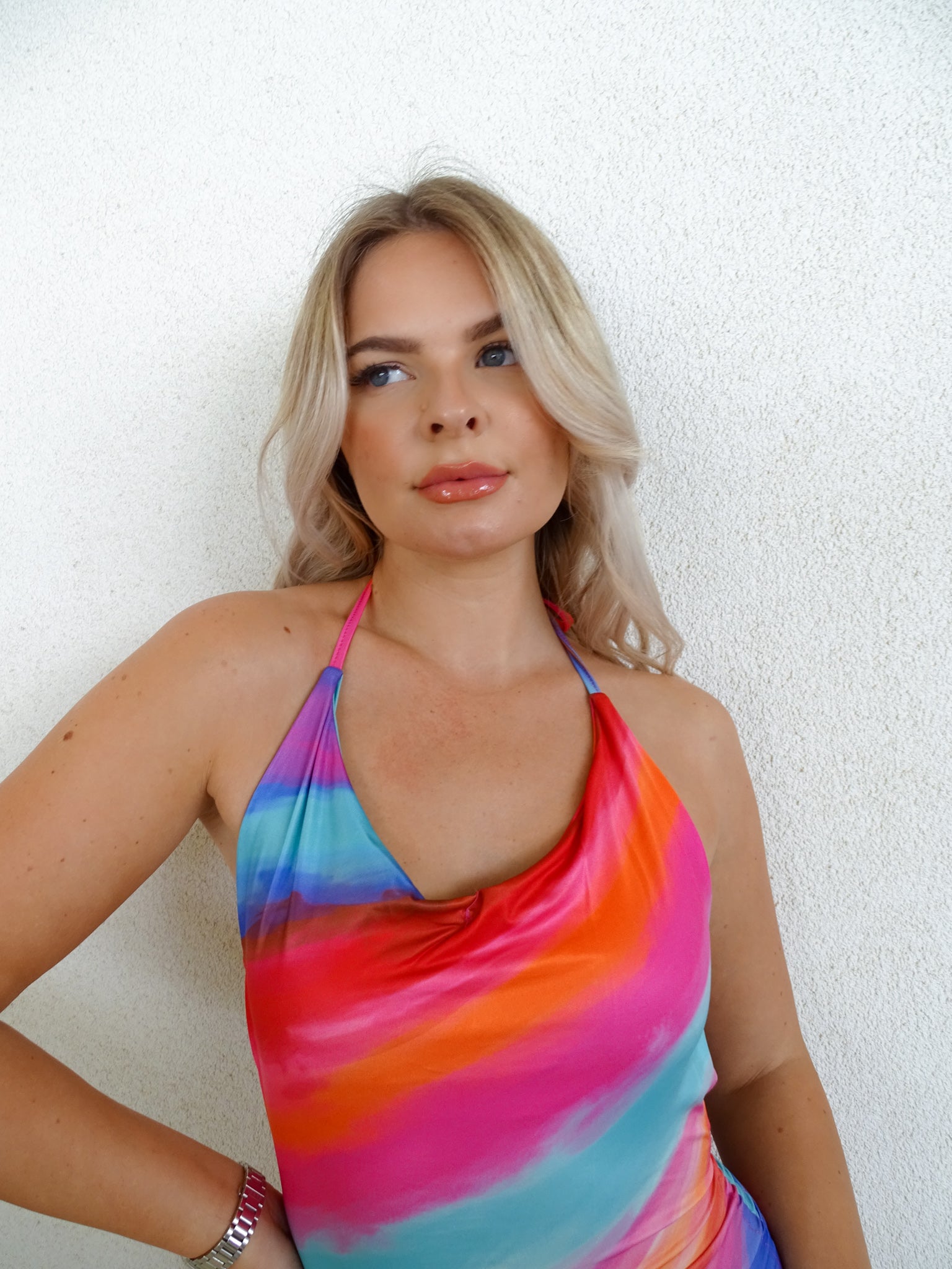 Multicolor Drawstring Spaghetti Halter Neck Strap Mini Dress