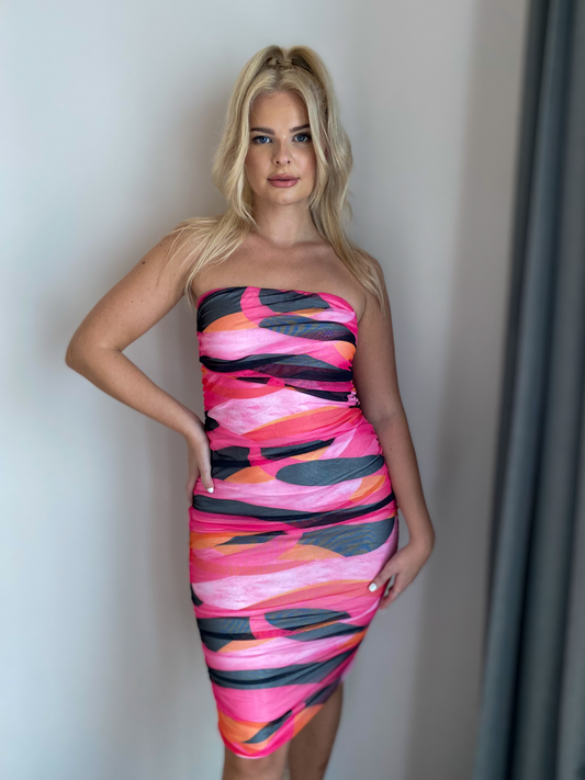 Pink Abstract Mesh Double Layer Bandeau Strapless Midi Dress
