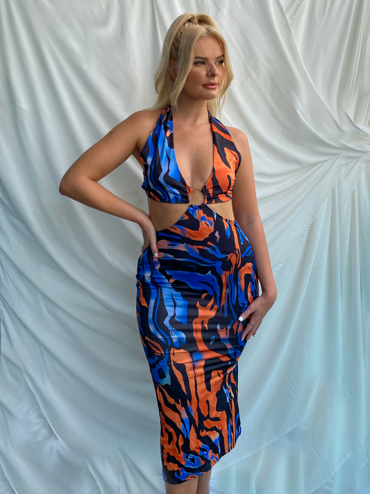 Blue & Orange Abstract Halter Neck Ring Detail Cut Out Midi Dress