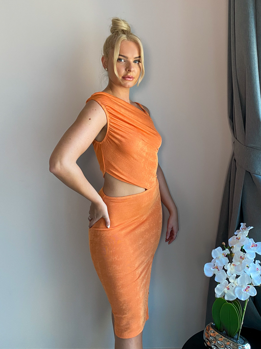 Orange One Shoulder Cutout Midi Dress