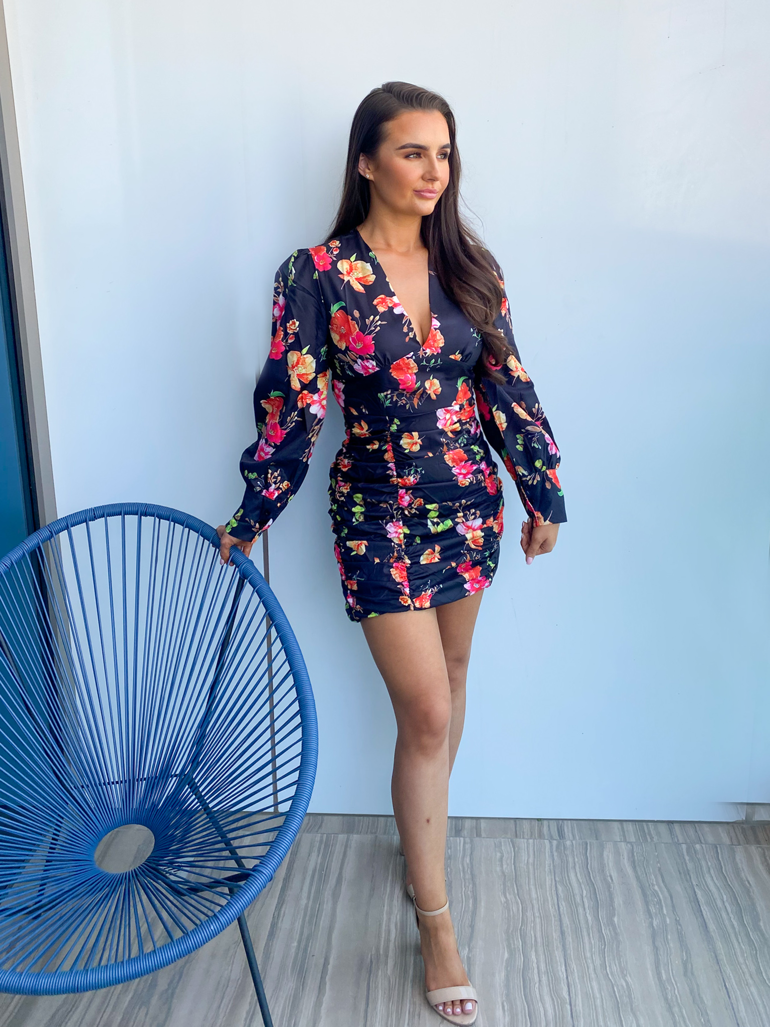 Black Floral Long Sleeve Mini Dress