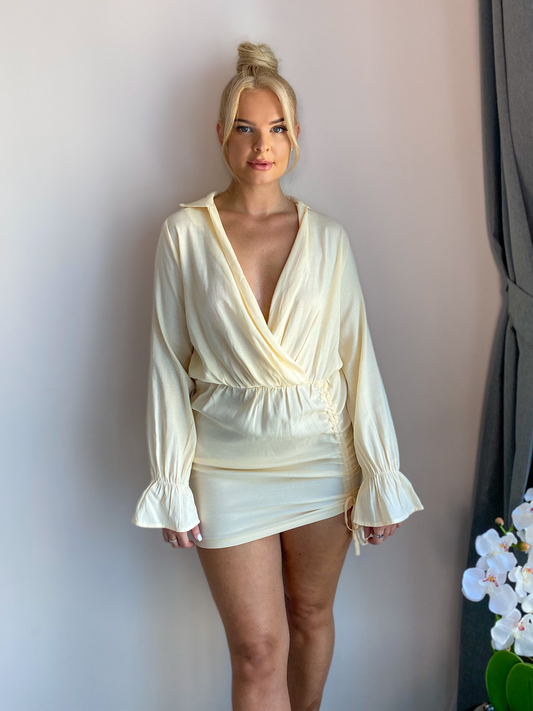 Cream Long Sleeve Wrap Front Draw String Ruched Mini Dress