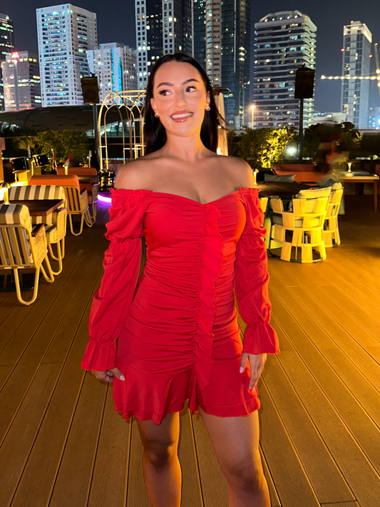 Red Long Sleeve Ruffle Front Off the Shoulder Mini Dress